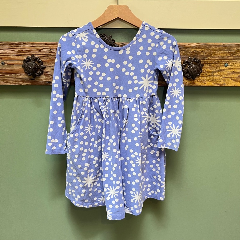 Hanna Andersson Girls Periwinkle Blue Snowflake Polka Dot Pocket Dress Size 5